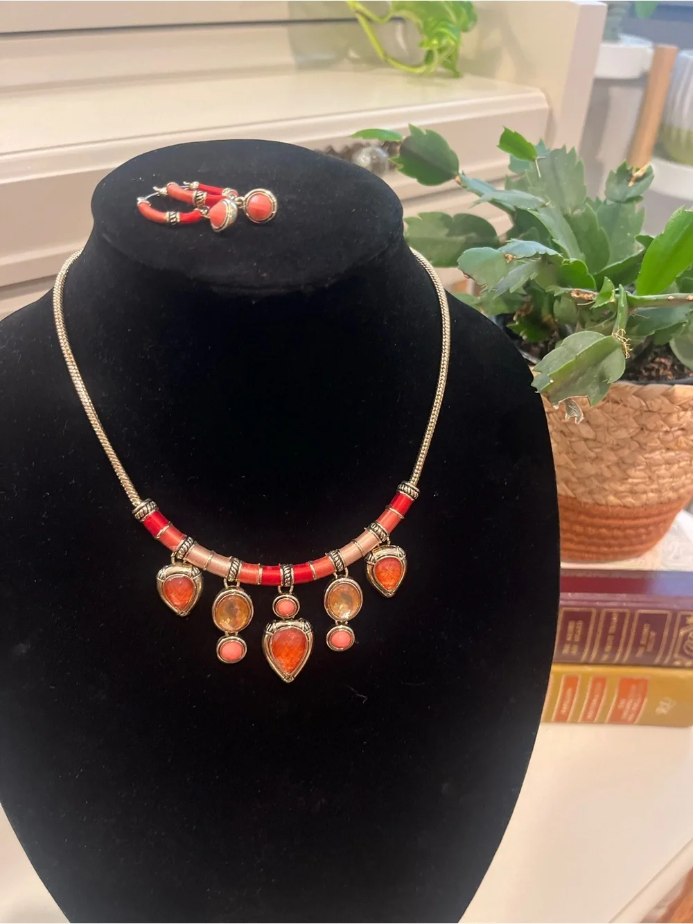 Gold-Tone Coral, Red and Orange Necklace & Earrings Set